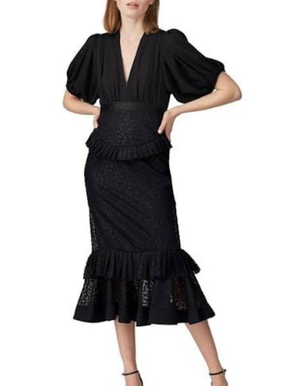 Alexis Size XS Black Lace Fitted Midi Dress Dilara Tiered